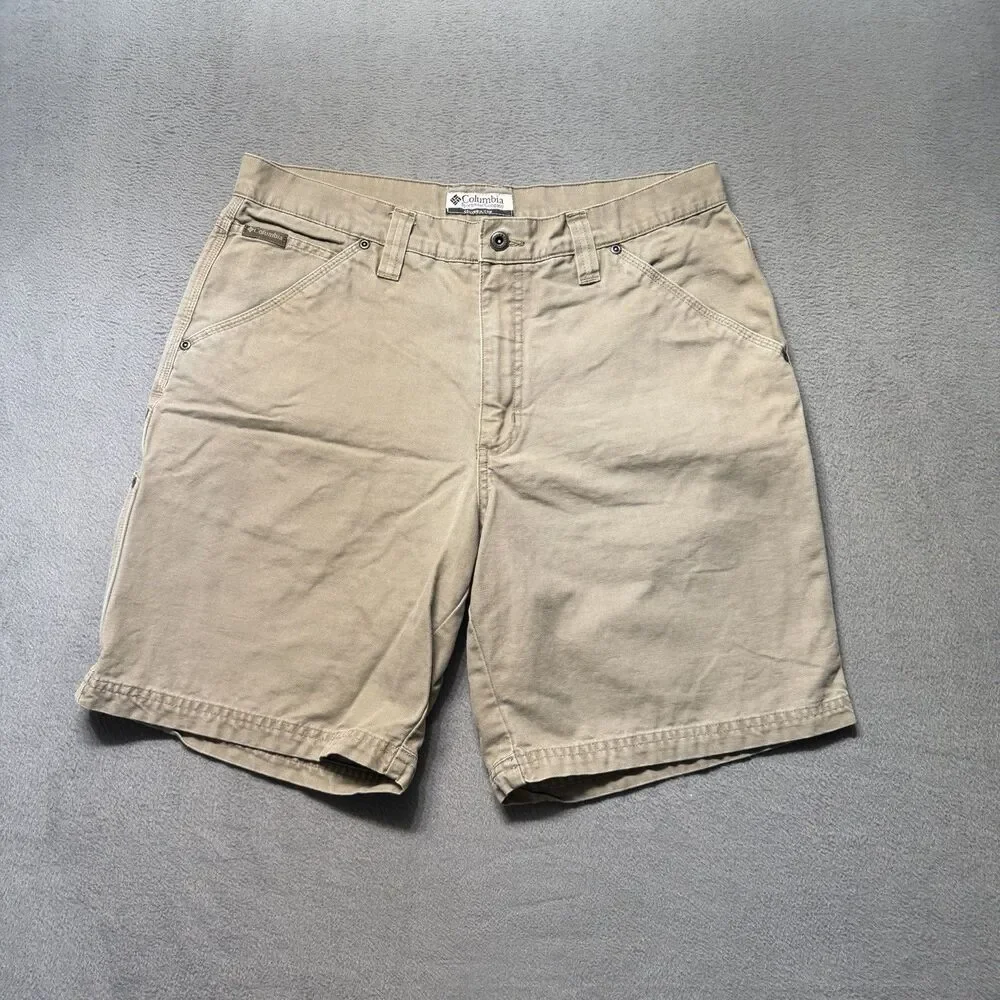 Columbia Mens 34 Carpenter Cargo Shorts Beige Canvas 9” Inseam Utility Hiking